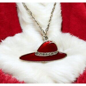 Vintage Red Hat Society Pendant Necklace with Rhinestone Accents Silver Tone